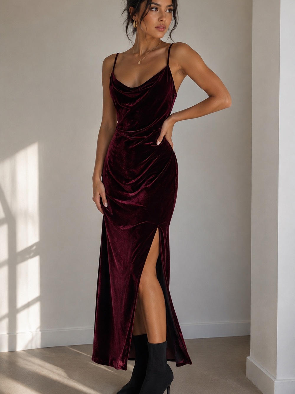 SHEIN Burgundy Velvet Cowl Neck Slip Dress with Side Slit